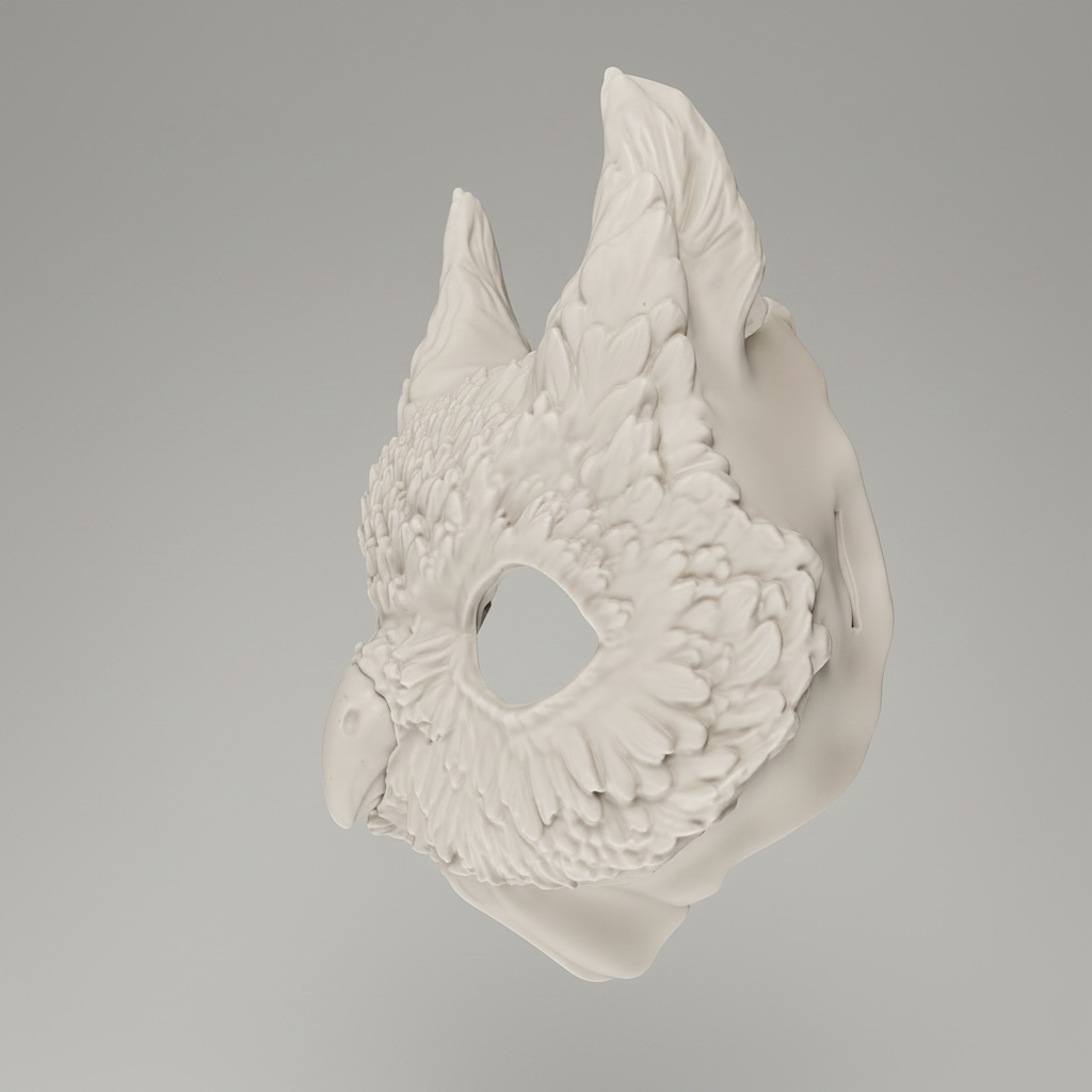 Side angle of bone white owl wearable mask with sculpted feather detailing and fantasy creature design