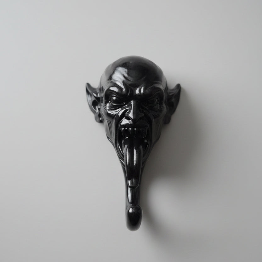 Gloss black Nosferatu wall hook featuring a gaunt vampire face with pointed ears, deep-set eyes and sharp fangs. Finished in a smooth black coating that highlights the gothic horror details while providing a practical wall hook for coats, keys, jewellery and accessories. Ideal for vampire-themed décor, gothic hallways and alternative home interiors. Based on the Darkmoon Designs Nosferatu wall hook design.