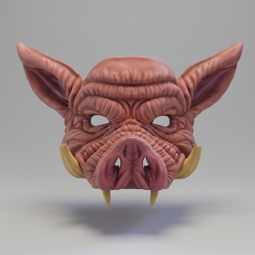 Fully hand painted wearable boar mask with tusks and wrinkled detailing.