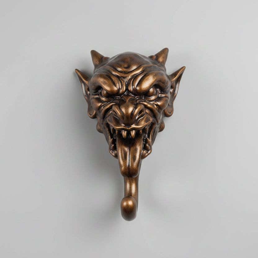 Close-up of a resin gargoyle wall hook showing intricate facial details and durable hook design. Measuring approximately 110mm tall and 70mm wide, suitable for hanging coats, bags, scarves and everyday household items.