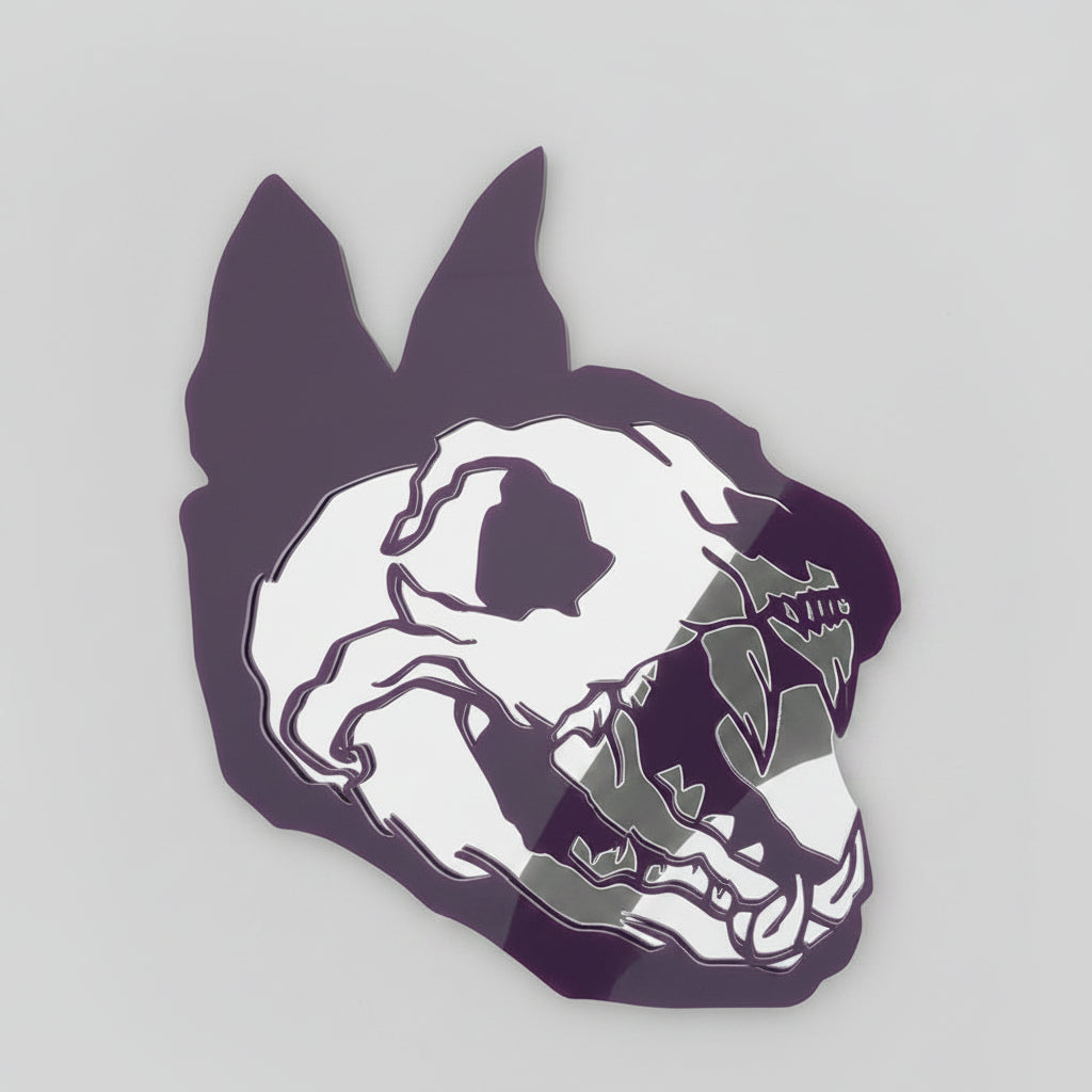 Alternative cat skull acrylic mirror wall decoration available in purple or black acrylic.