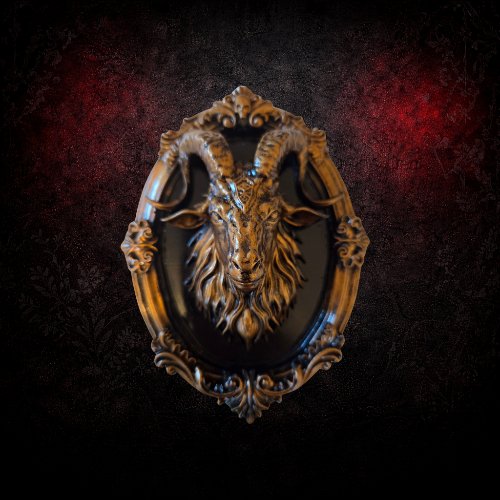 Baphomet Gothic Wall Frame | Occult Goat Head Plaque | Hand Painted Resin Wall Decor