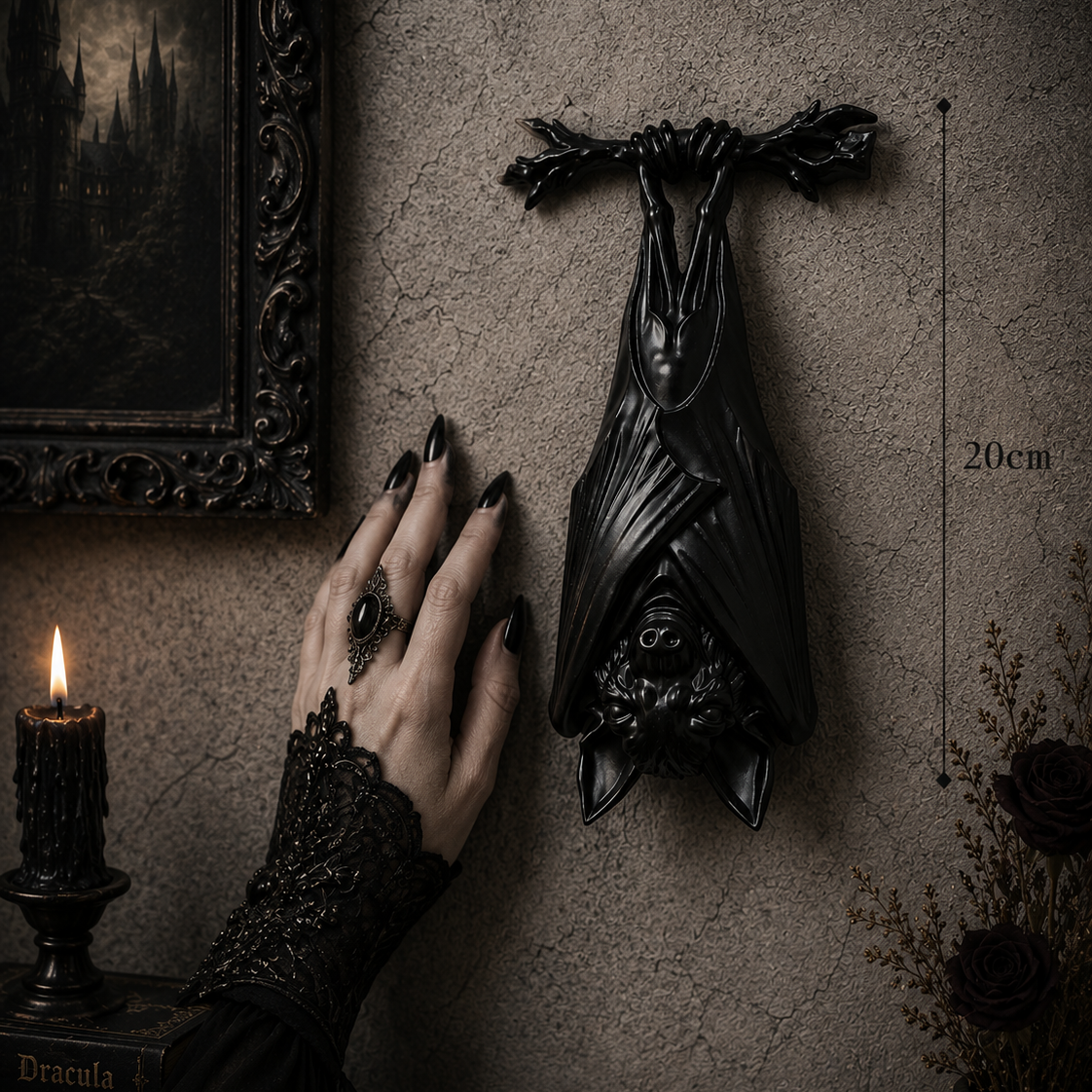 Gloss black resin bat wall plaque with intricate gothic detailing, ideal for dark academia, Halloween-inspired decor, and alternative home interiors.