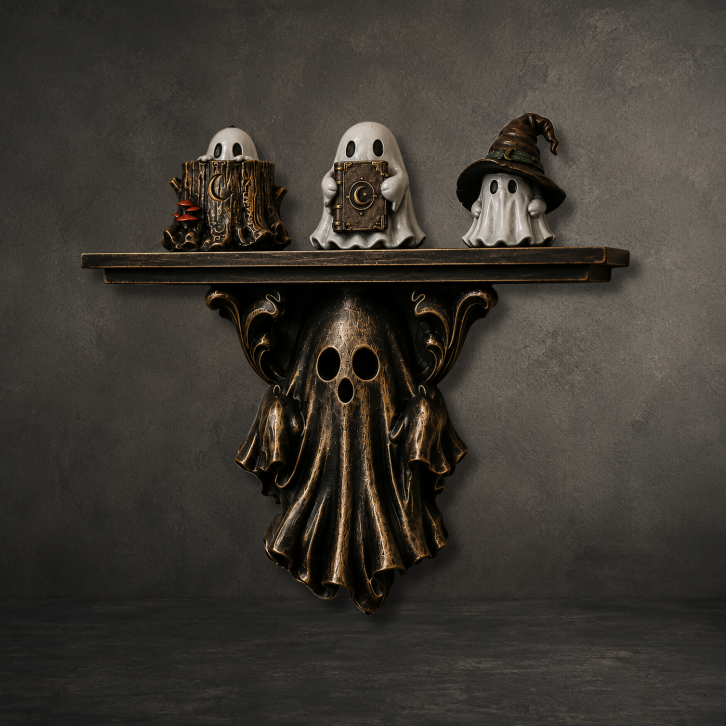 Bronze gothic ghost display shelf mounted on a wall with ornate ghost detailing, displaying three collectible ghost figures.