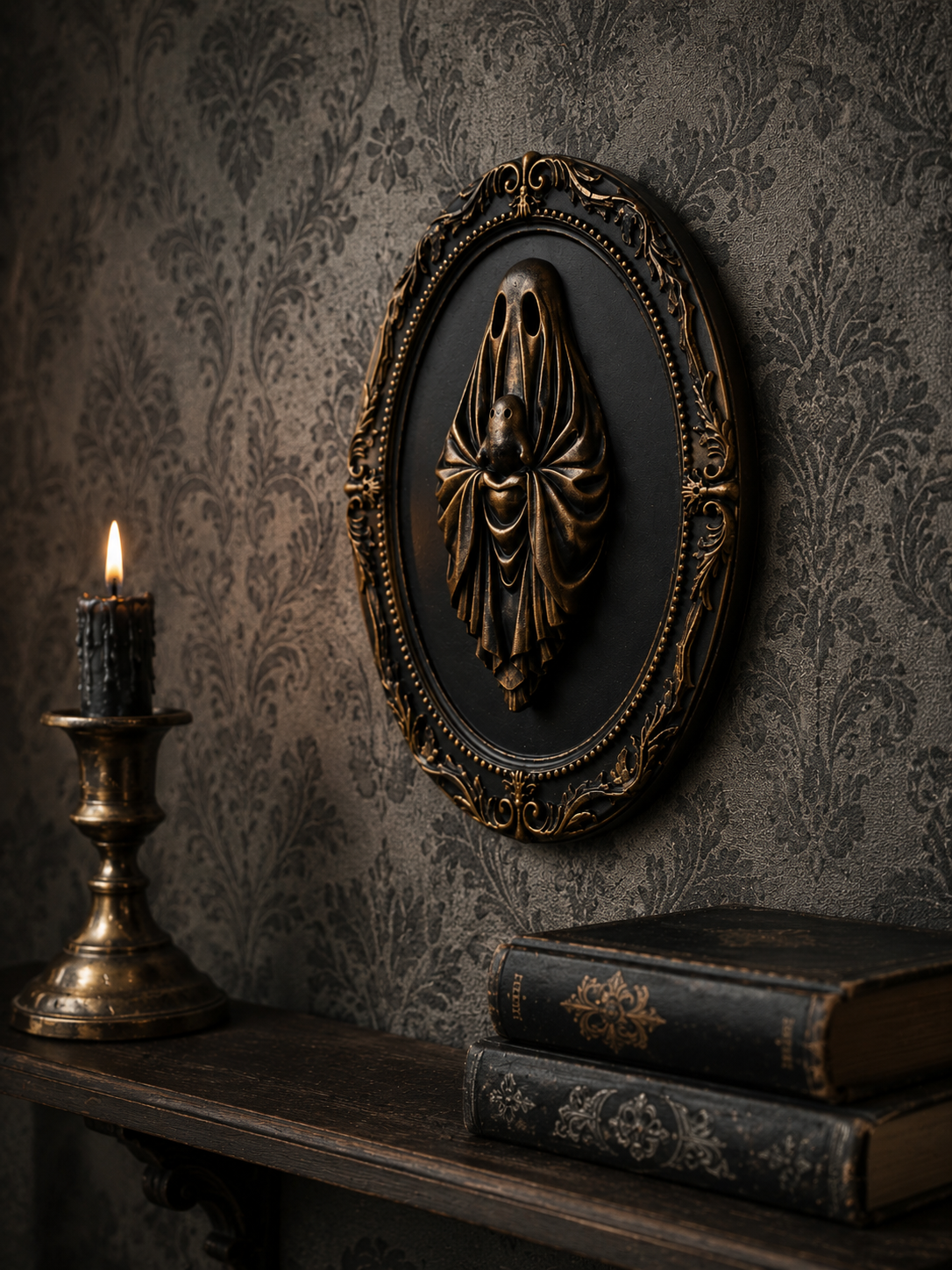 Decorative bronze ghost frame showcasing The Last Comfort design from The Ghost Collection, featuring a ghost cradling a baby for gothic and alternative home decor.