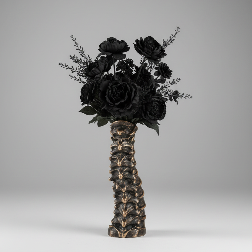 Bronze anatomical spine vase hand painted on 3D printed black plastic, displayed with dried flowers as gothic home décor.