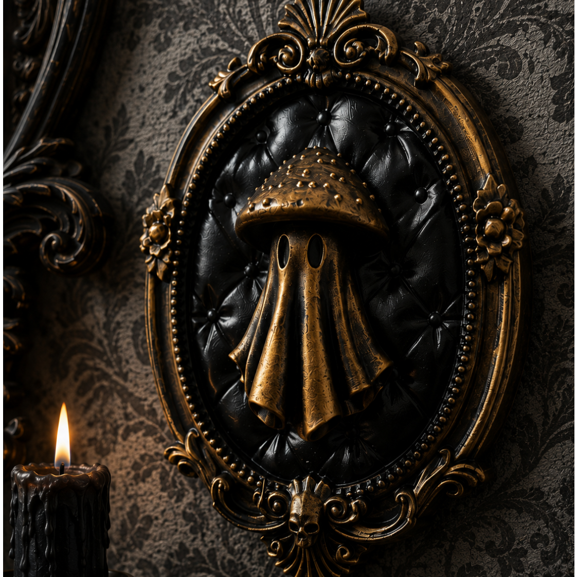 Decorative bronze ghost frame showcasing The Spore Warden design from The Ghost Collection, featuring a mushroom ghost for gothic, cottagecore, and alternative home decor.