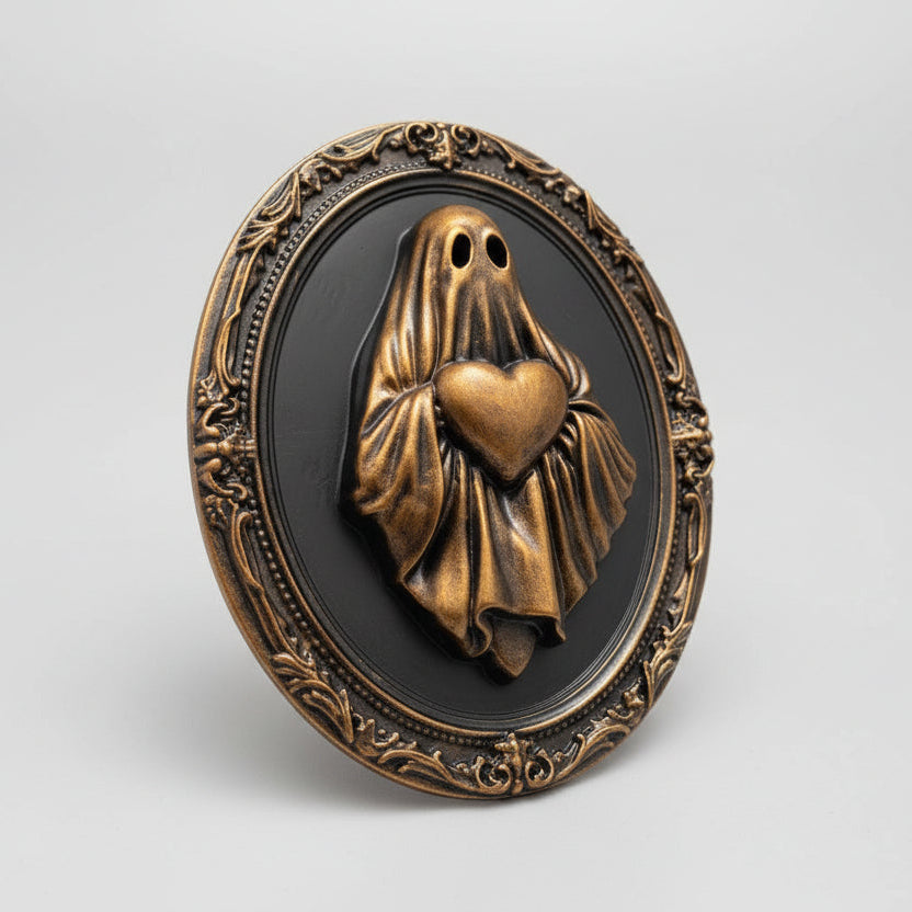 Gothic ghost frame with heart displayed on wall, dark academia home decor aesthetic