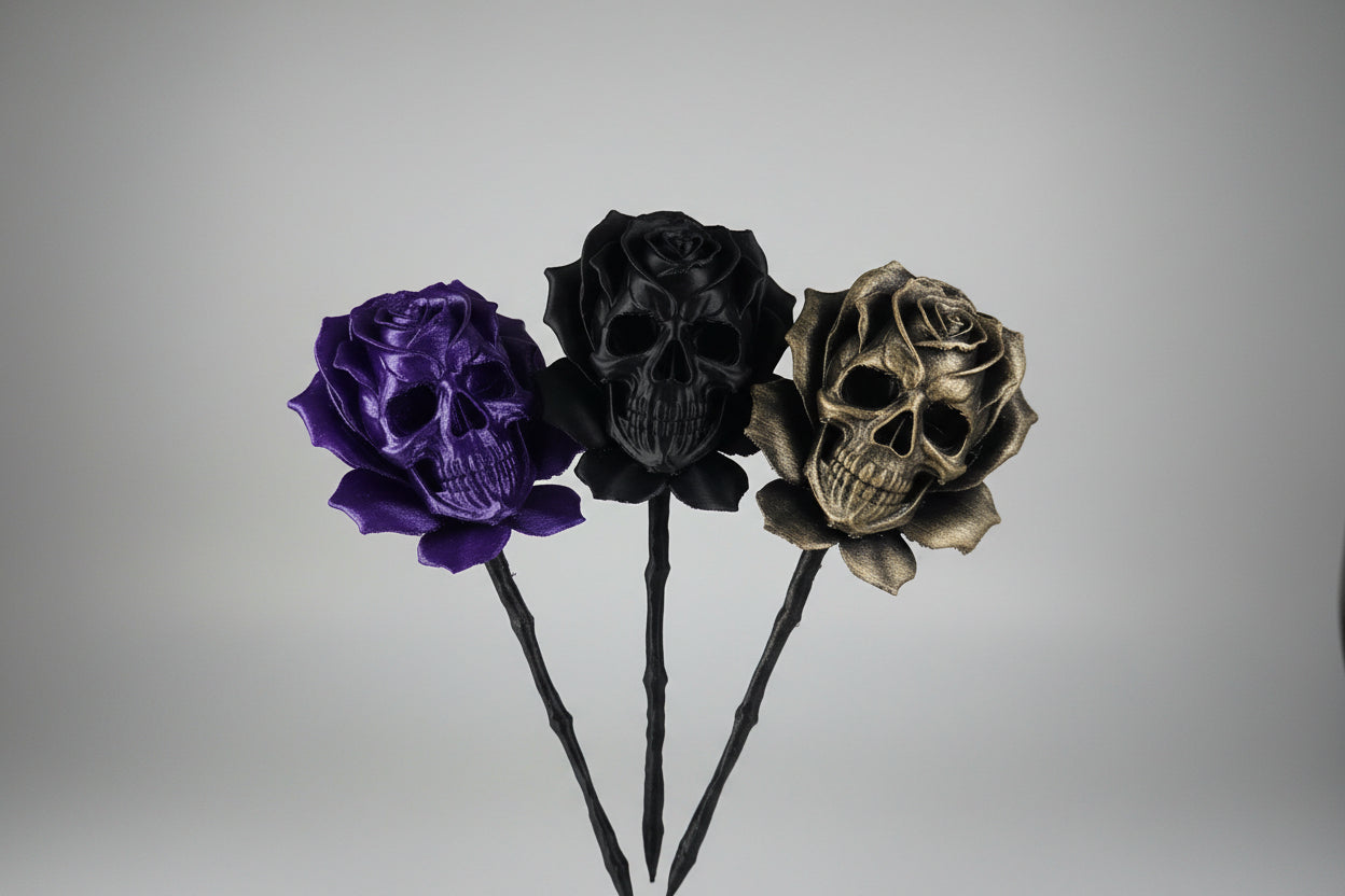 Gothic skull rose with stem displayed as dark botanical home decor eternal flower