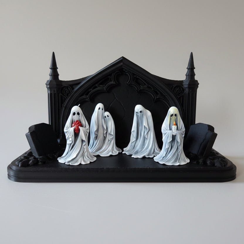 Empty gothic ghost display shelf with cracked stone backdrop and arched design