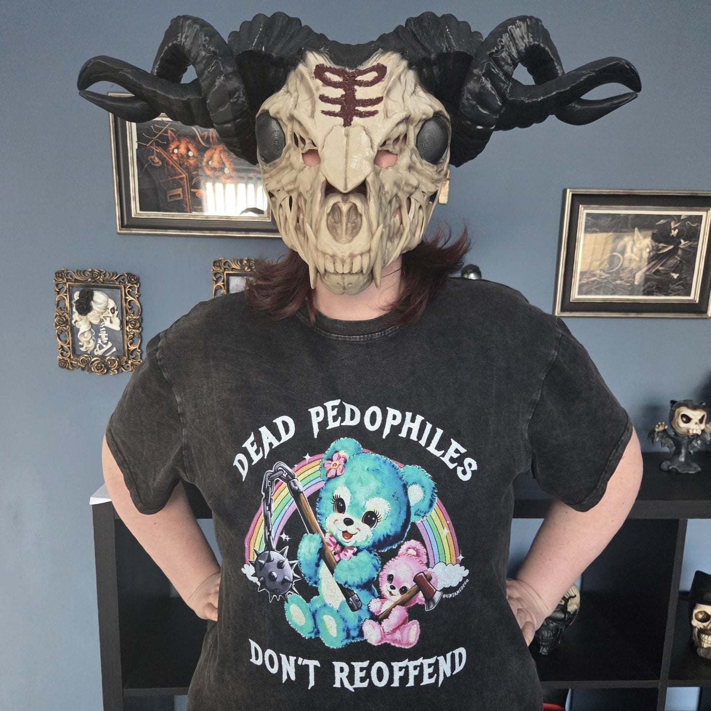 Person wearing an oversized gothic Devilheaddress mask with towering curved horns and dark textured detailing, styled as a dark fantasy costume piece by Darkmoon Designs. A completely reasonable thing to put on your head while trying to walk through doorways.