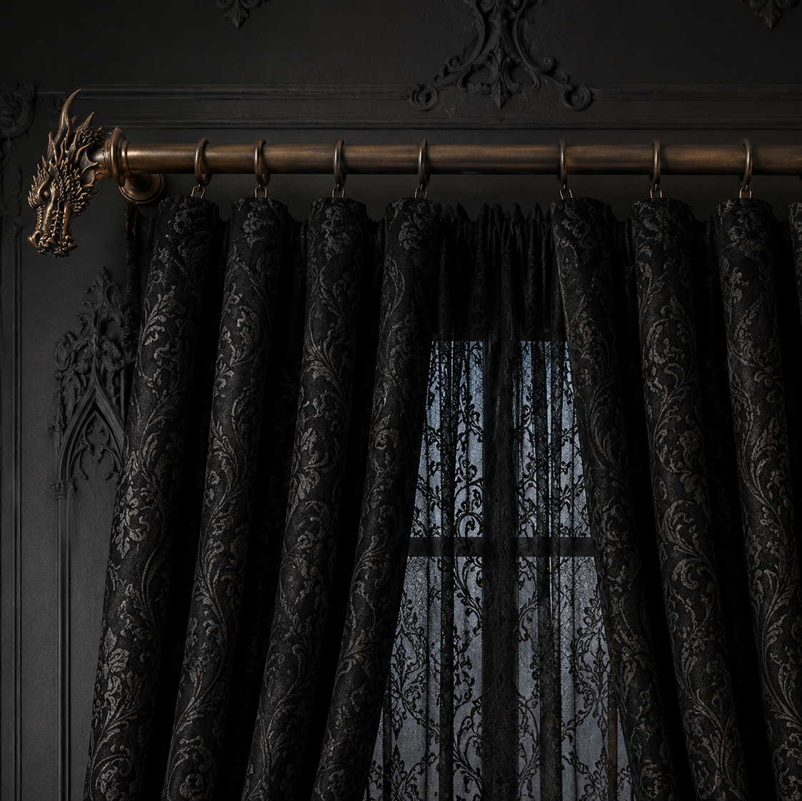 Antique bronze dragon curtain pole finials fitted to a 28mm curtain pole in a gothic interior.