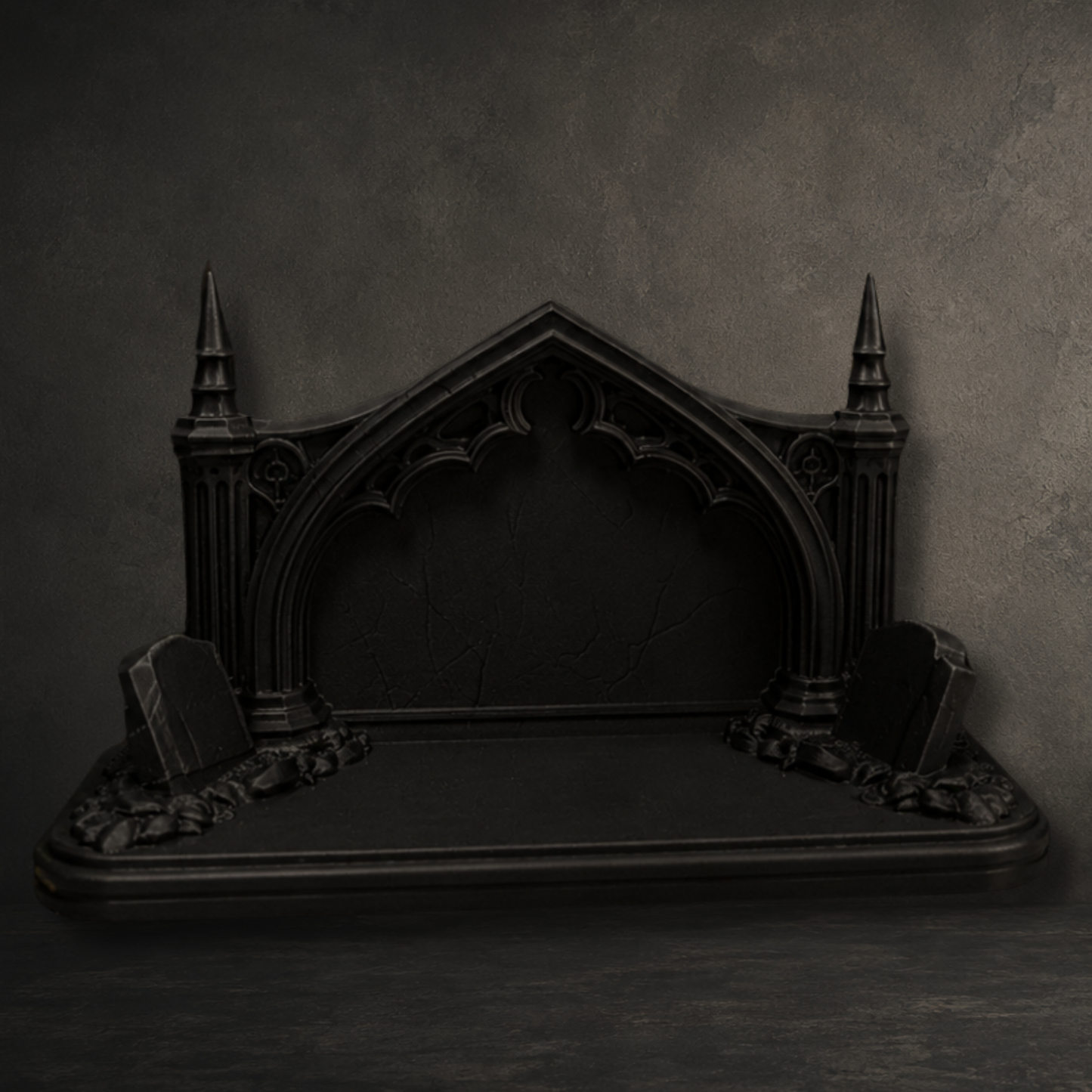 Matte black Gothic ghost display shelf with cathedral arch, gravestones and spires, freestanding or wall mounted for displaying collectible ghost figures.
