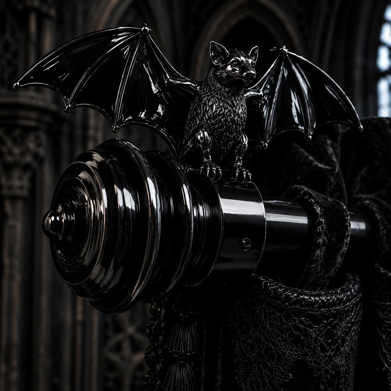 Pair of glossy black gothic bat curtain finials handcrafted from resin, featuring mirrored bat designs with a high-shine finish mounted on the ends of black curtain poles against a dark gothic backdrop.