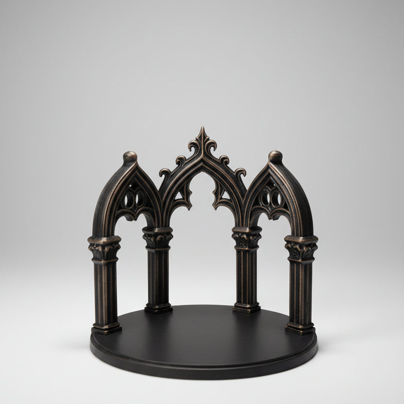 Gothic cathedral shelf display stand with ornate arches for Halloween decorations and collectibles