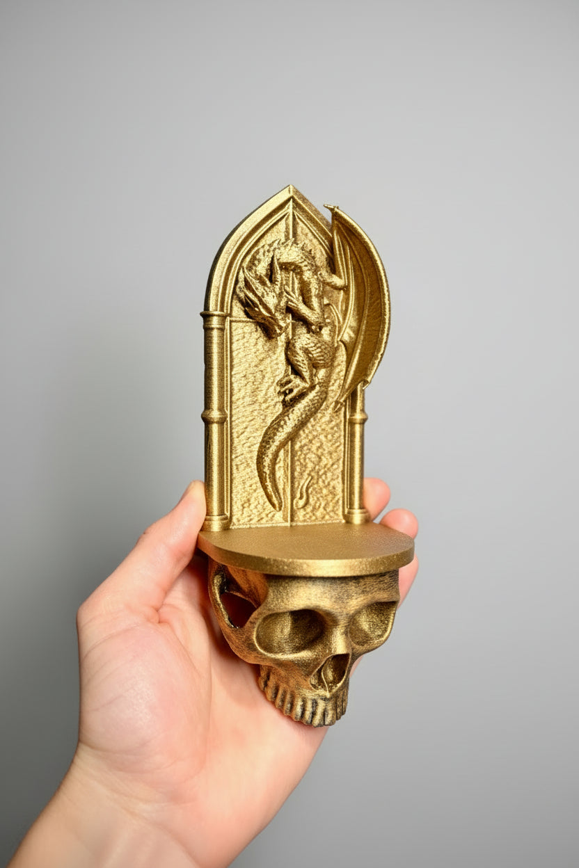 Gothic dragon shelf with skull base for tea lights