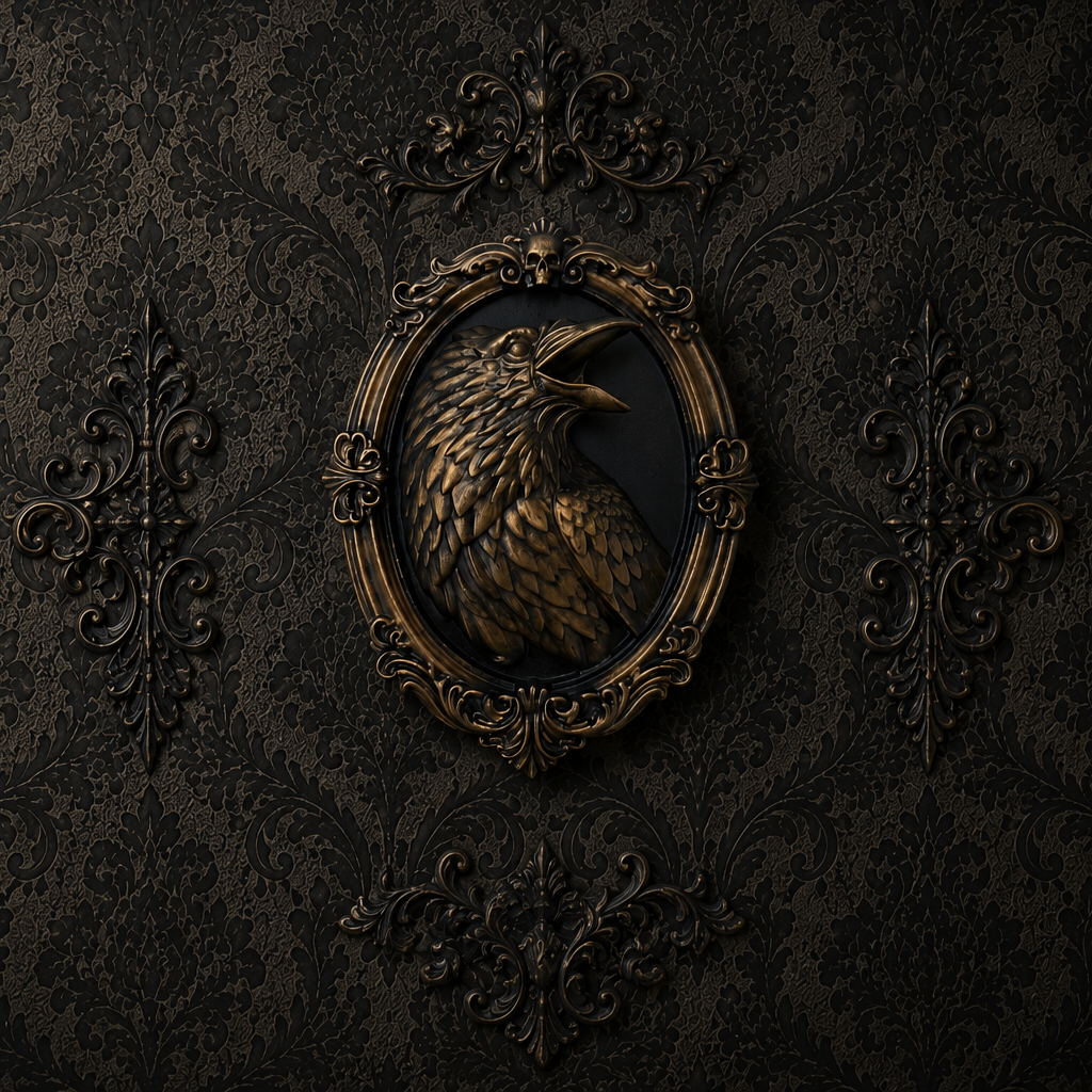 Decorative bronze resin raven frame with intricate gothic detailing, perfect for displaying photographs, artwork, and curiosities in dark interiors.