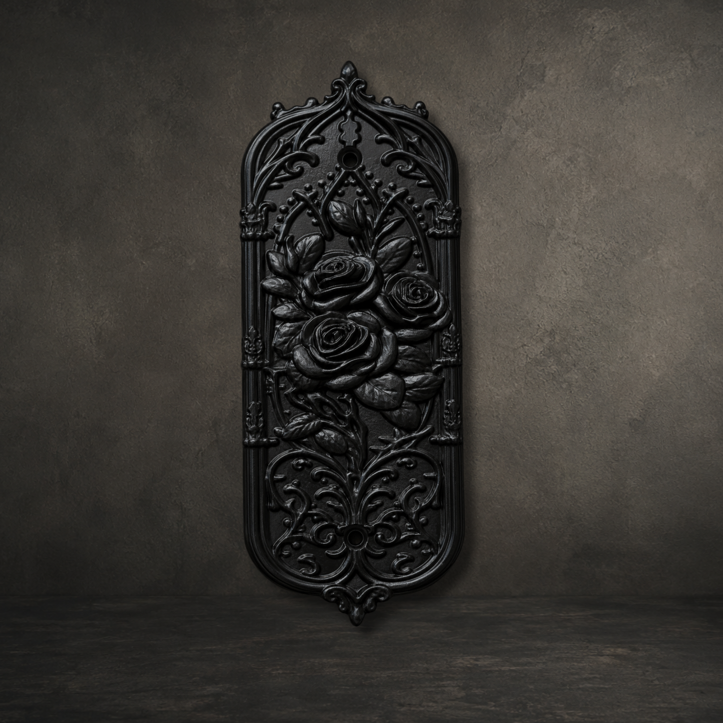 Gothic Rose door push plate with ornate cathedral detailing in black resin.