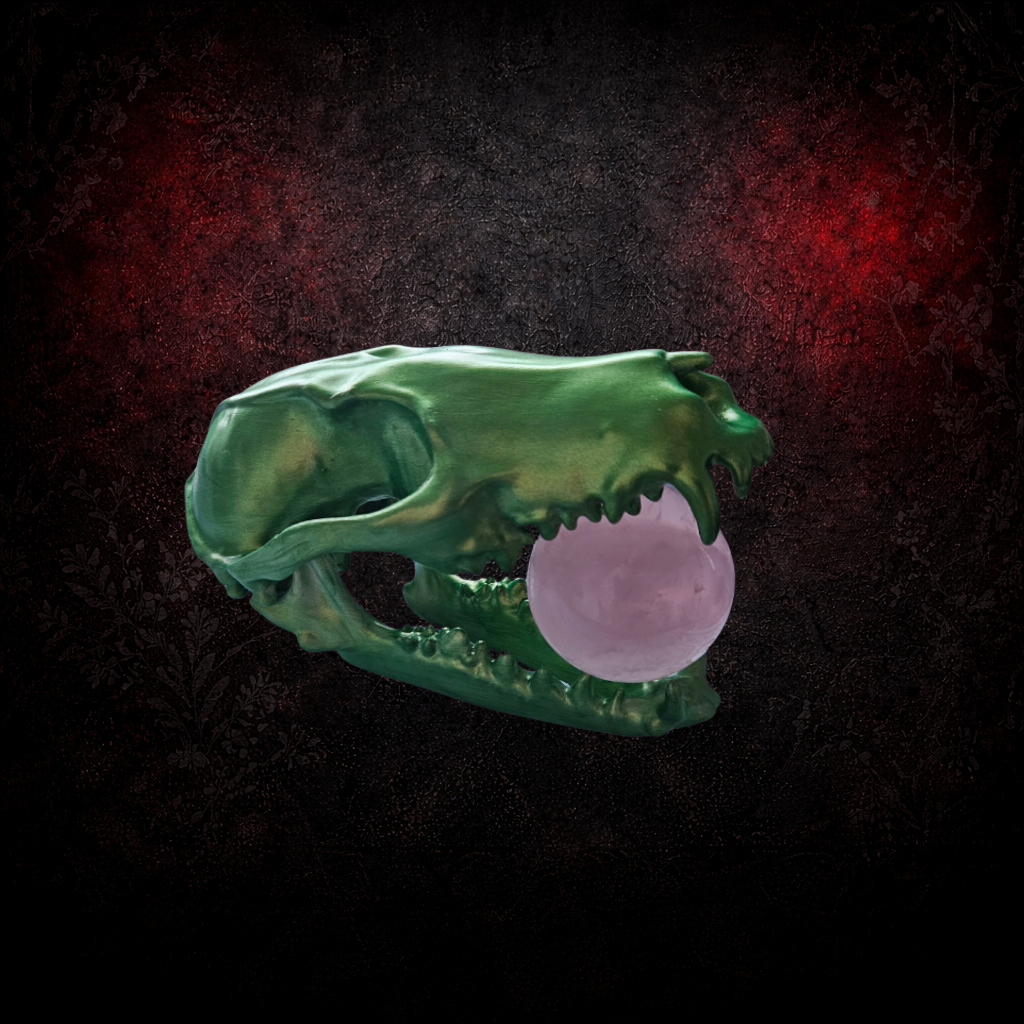 Large Hand Painted Fox Skull with Rose Quartz Sphere