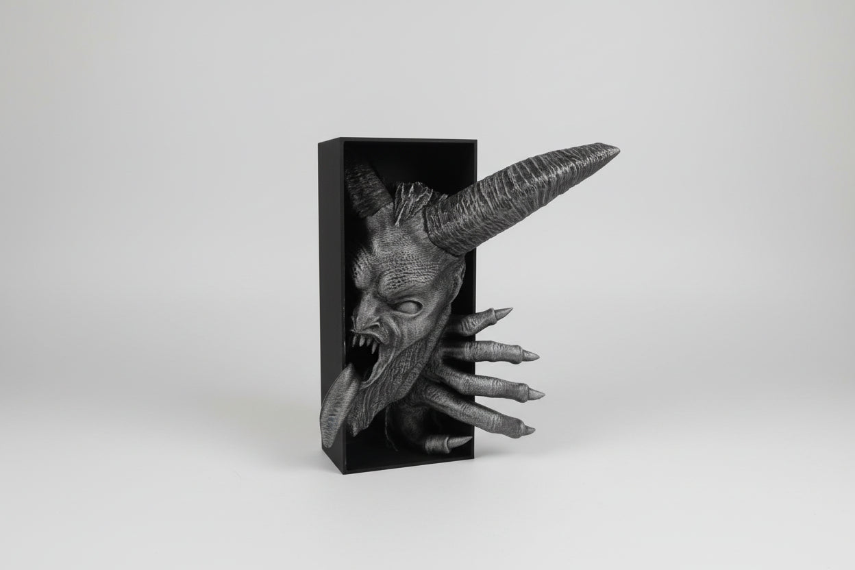 Krampus book nook placed between books gothic horror shelf decor