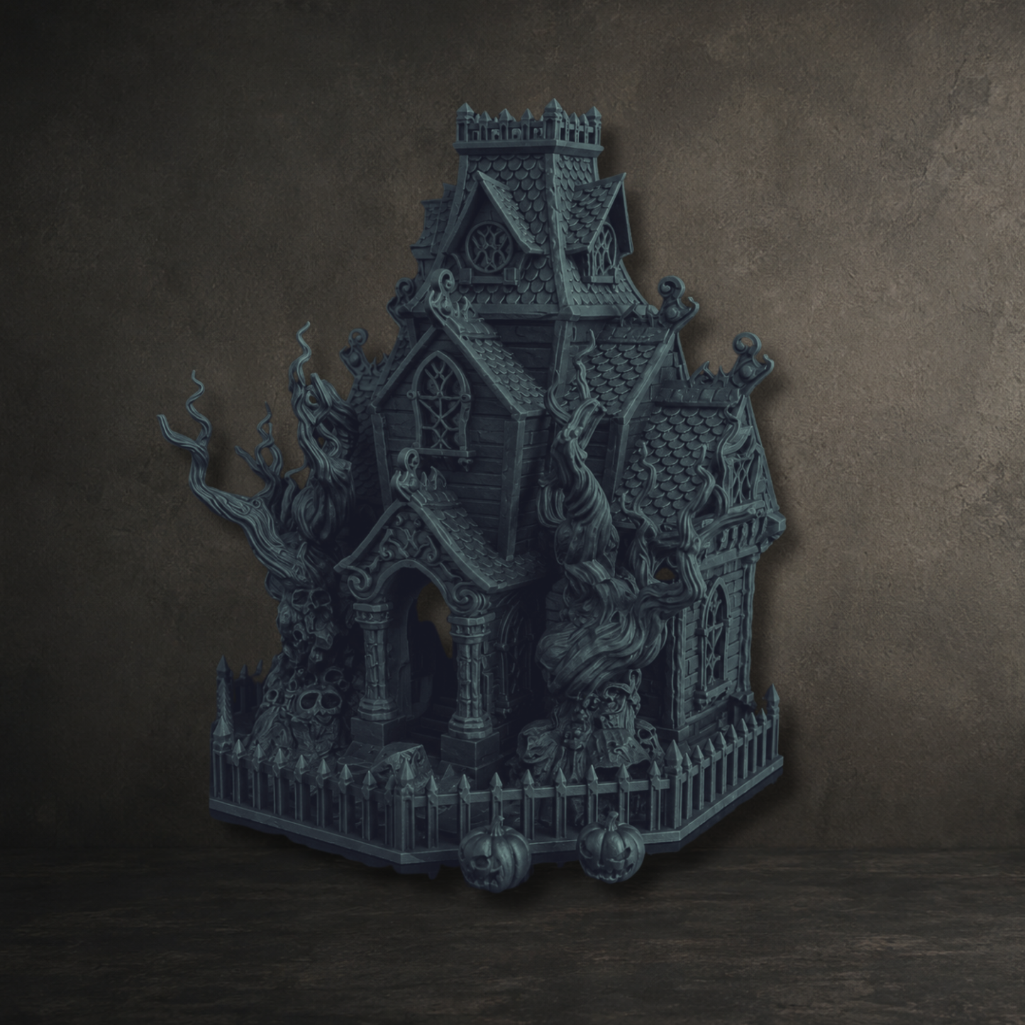 Large black haunted house display with LED tea light spaces underneath, perfect for ghost scenes and Halloween décor.