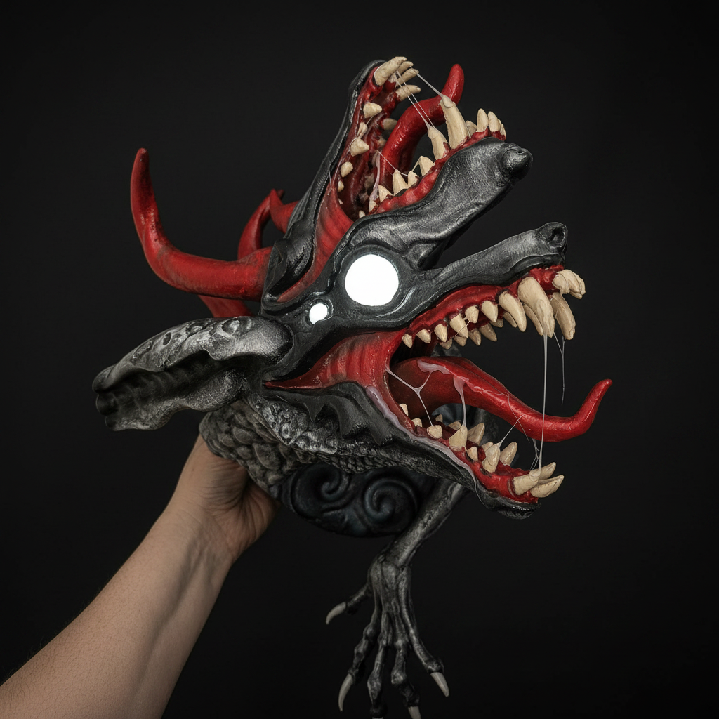 Maw of Malice one-of-a-kind handcrafted gothic wall sculpture featuring three snarling monster heads with razor-sharp teeth, curling horns and realistic drool.