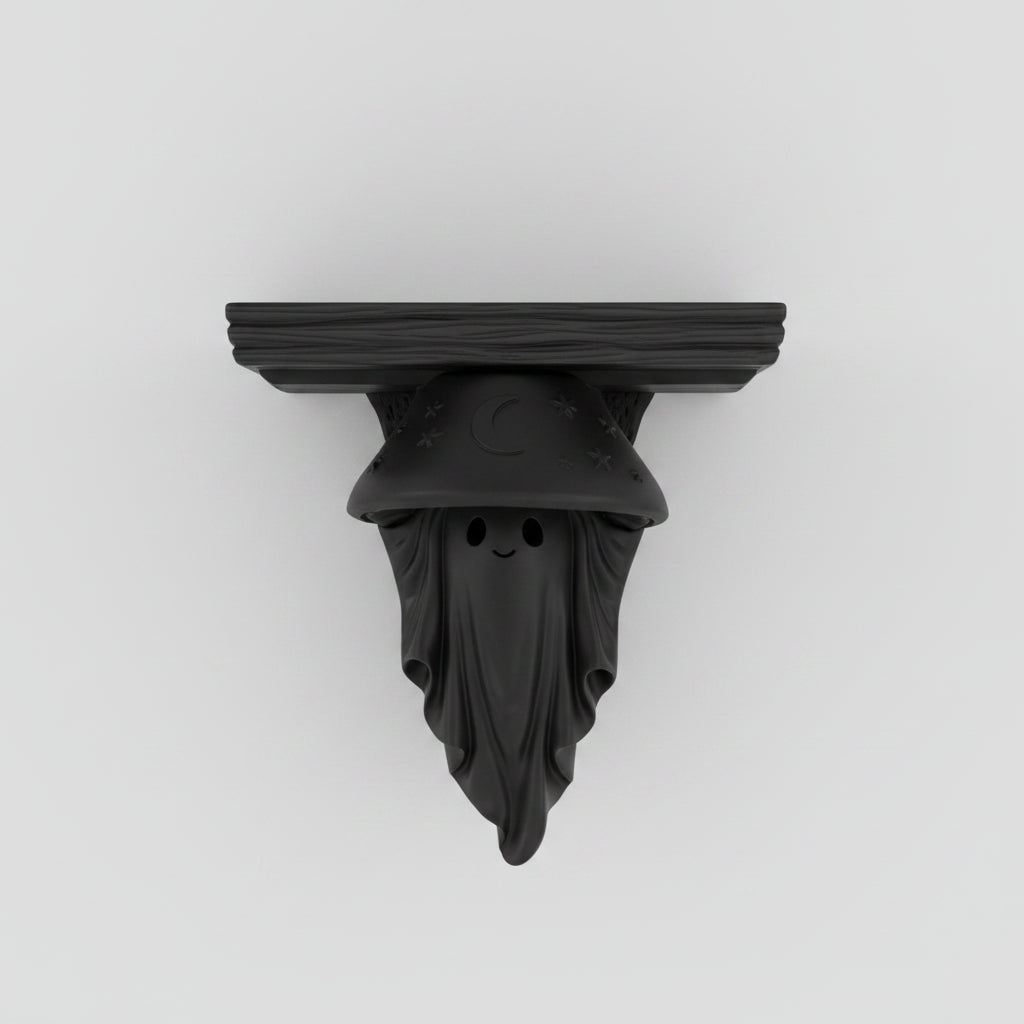 Black mushroom ghost shelf corbel featuring a smiling ghost beneath a crescent moon mushroom cap with decorative shelf above.