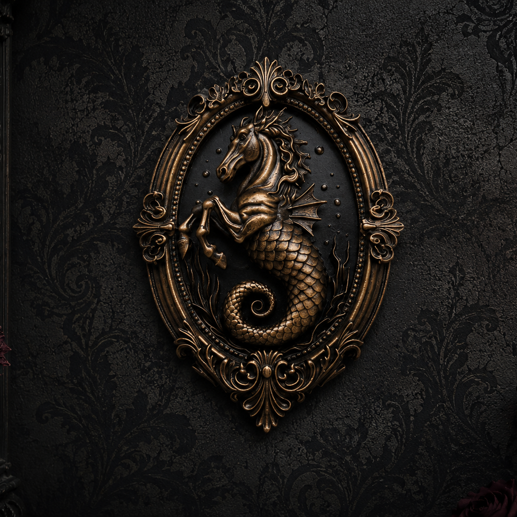 Resin cast Hippocampus gothic wall décor with antique bronze finish and decorative Victorian-style frame.