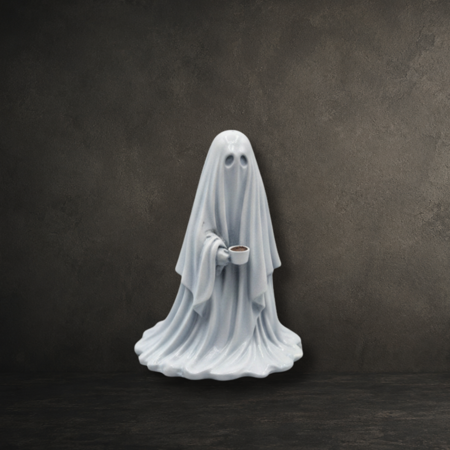 Original 6cm hand painted coffee ghost figurine from the Darkmoon Designs ghost collection, holding a tiny coffee mug.