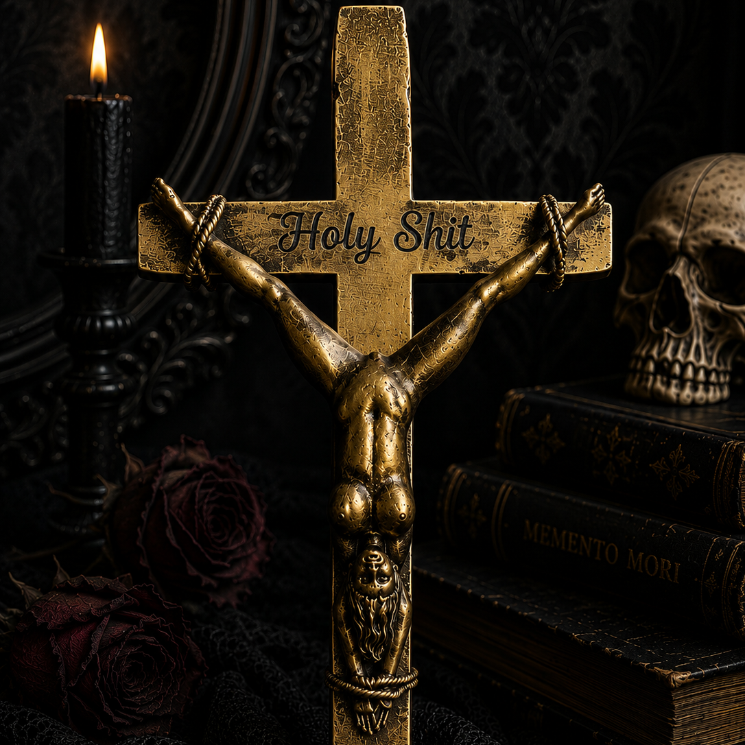 Close-up of engraved personalised crucified lady cross, unique gothic home decoration with custom text.