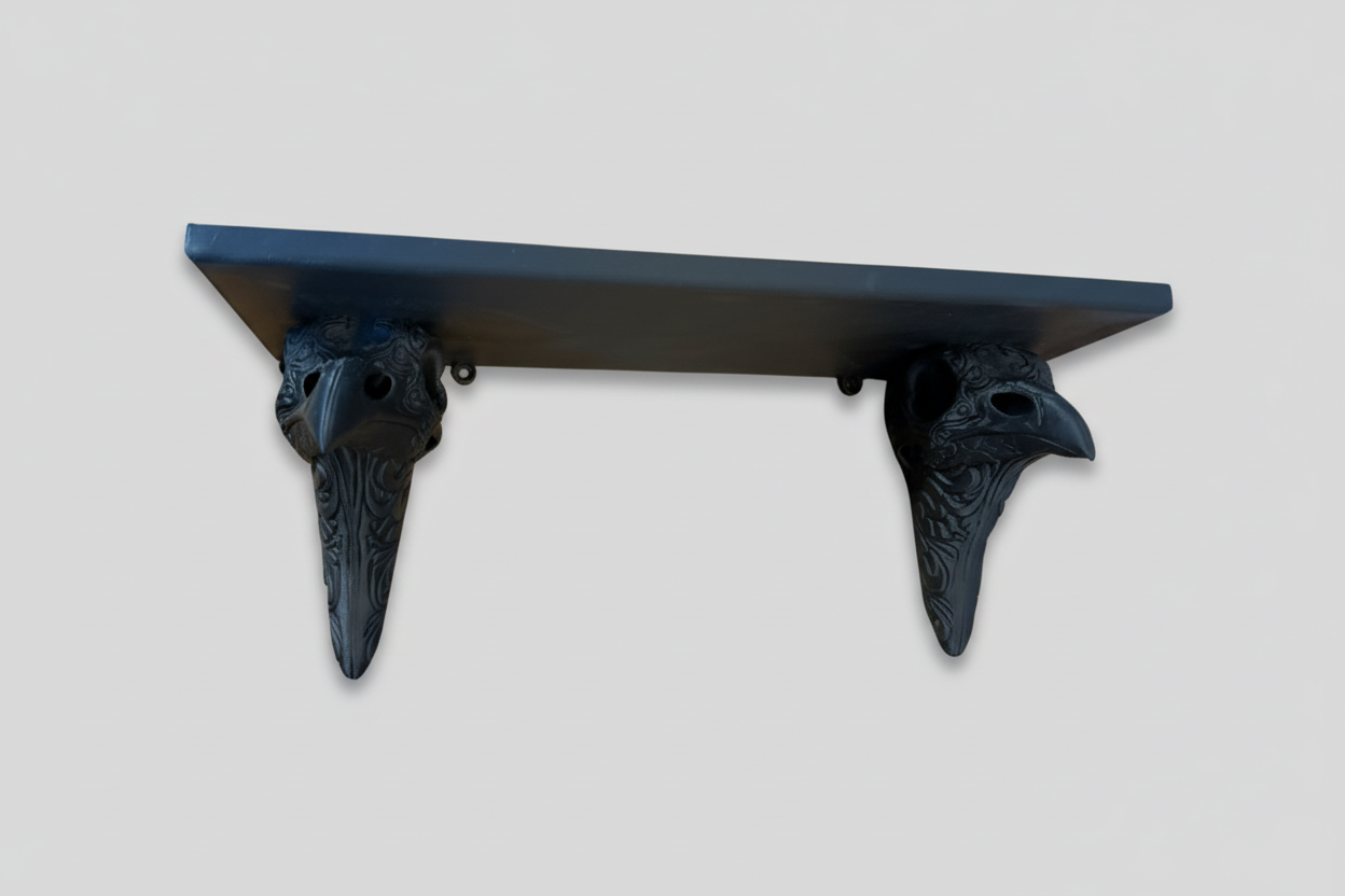 Raven skull display shelf for curiosities