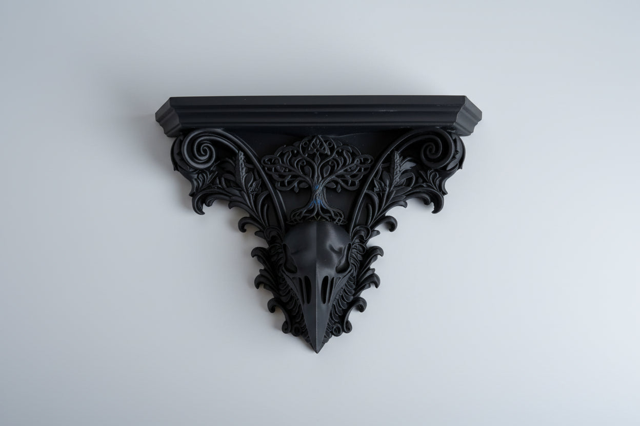Raven skull shelf with Yggdrasil tree gothic wall decor
