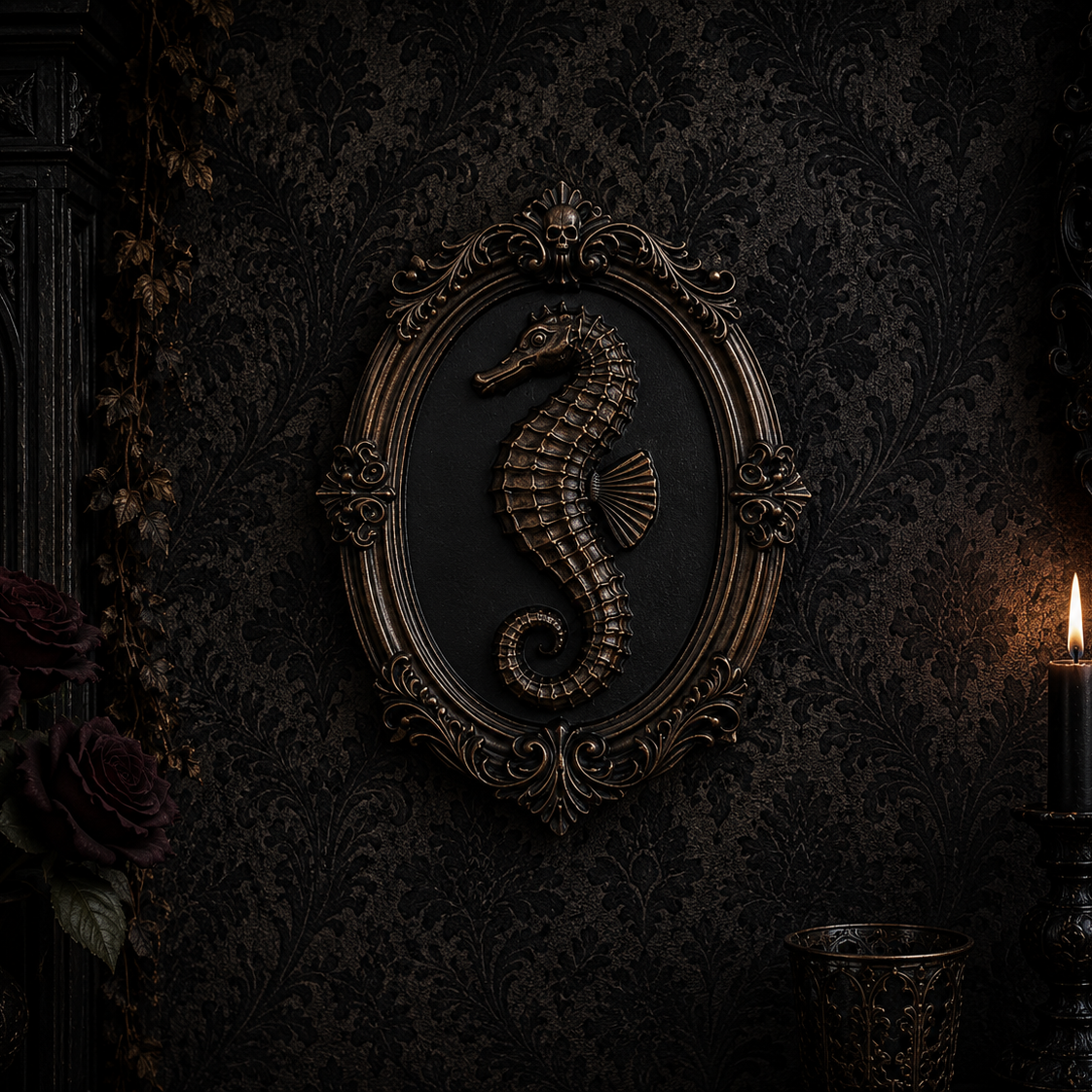 Antique bronze resin seahorse wall plaque with decorative gothic frame for nautical and gothic home décor.