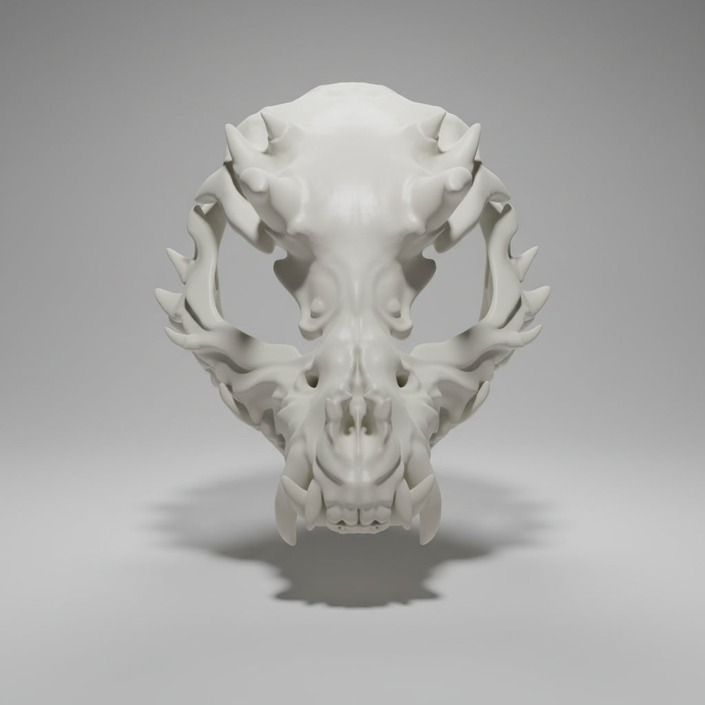Bone white spiky demon skulldog mask with articulated jaw and jagged gothic detailing by Darkmoon Designs