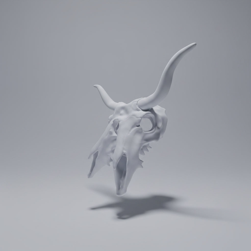 Side profile of a bone white Two Headed Bull Shaman Mask showing sweeping horns and layered skeletal structure