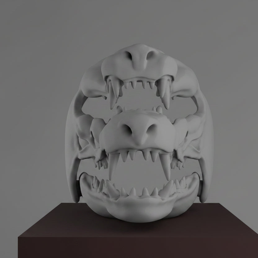 Front profile of the Two Mouths Hound demon creature mask showing dual mouths, sharp teeth, and monstrous horror styling by Darkmoon Designs.