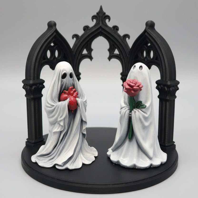 Gothic arch display stand with cathedral-inspired arches showcasing ghost figurines on a black circular base