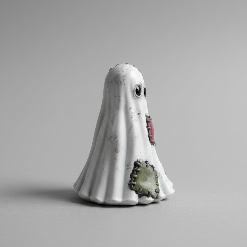 Cute spooky resin ghost figurine with stitched repairs and vintage Halloween character