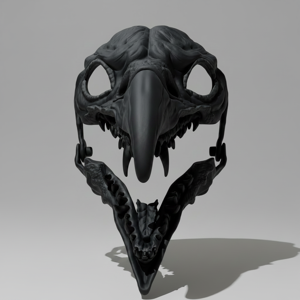 Black wearable cursed raven mask with articulated jaw, long beak, and skeletal gothic horror design