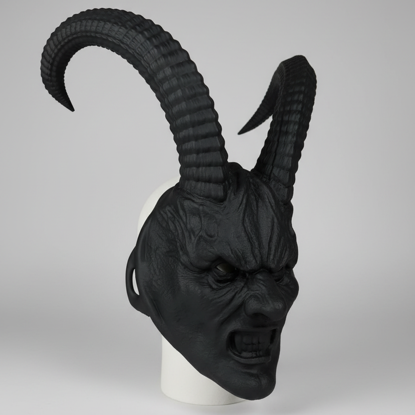 Side view of black wearable Krampus mask with oversized horns, fixed jaw, and dark gothic detailing