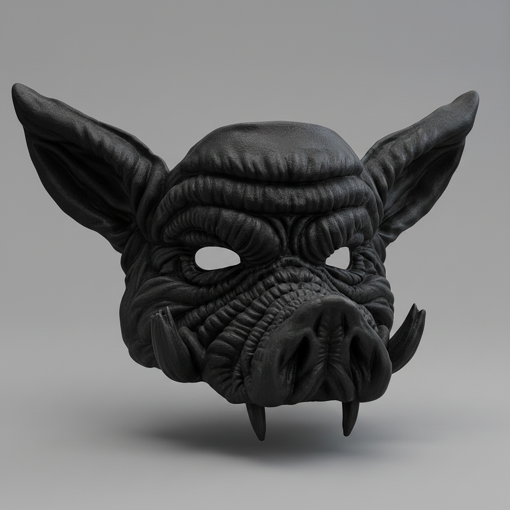 Black PLA wearable boar mask with textured wrinkles, tusks, and pointed ears.