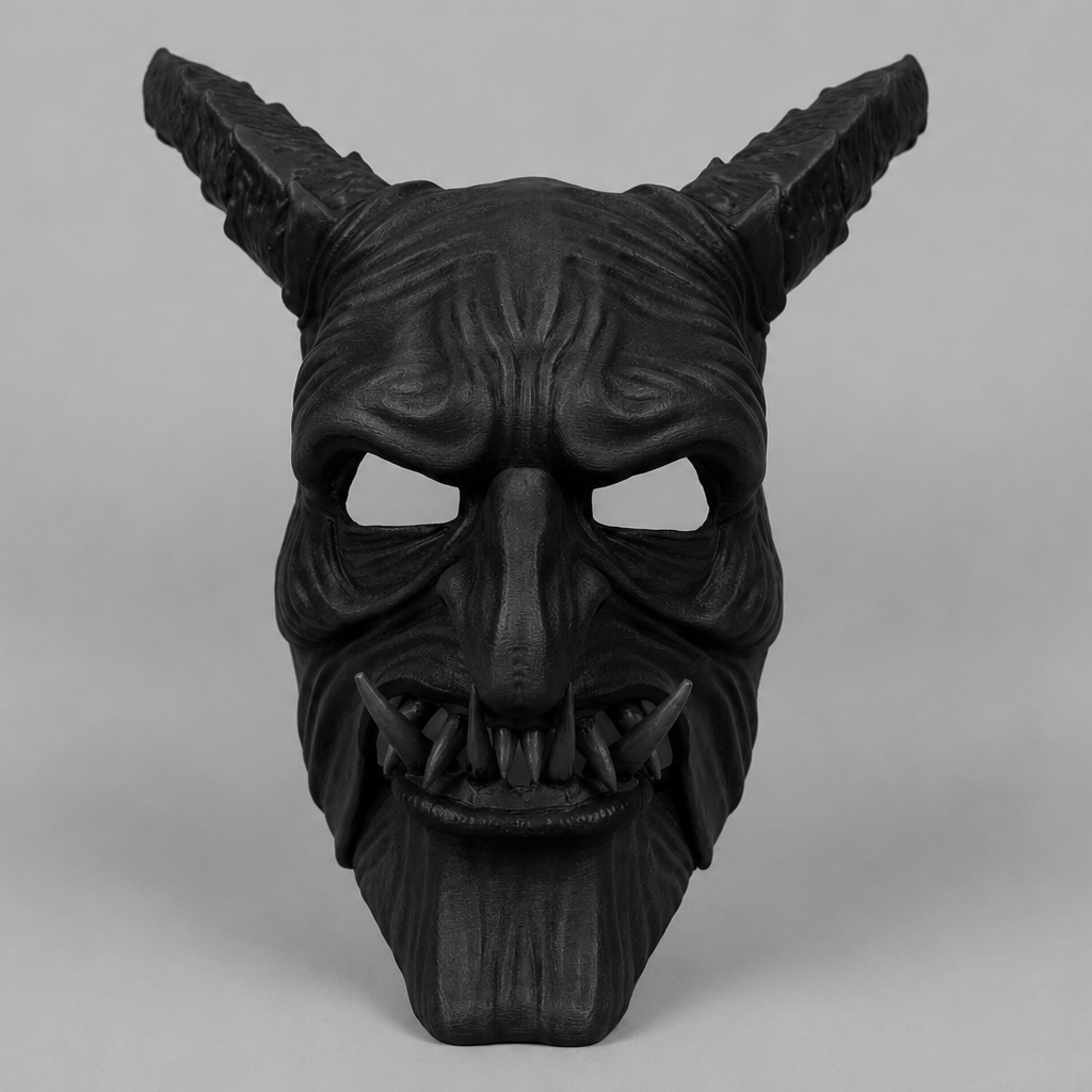 Black PLA Krampus mask with articulated jaw and large curved horns in dark gothic horror style