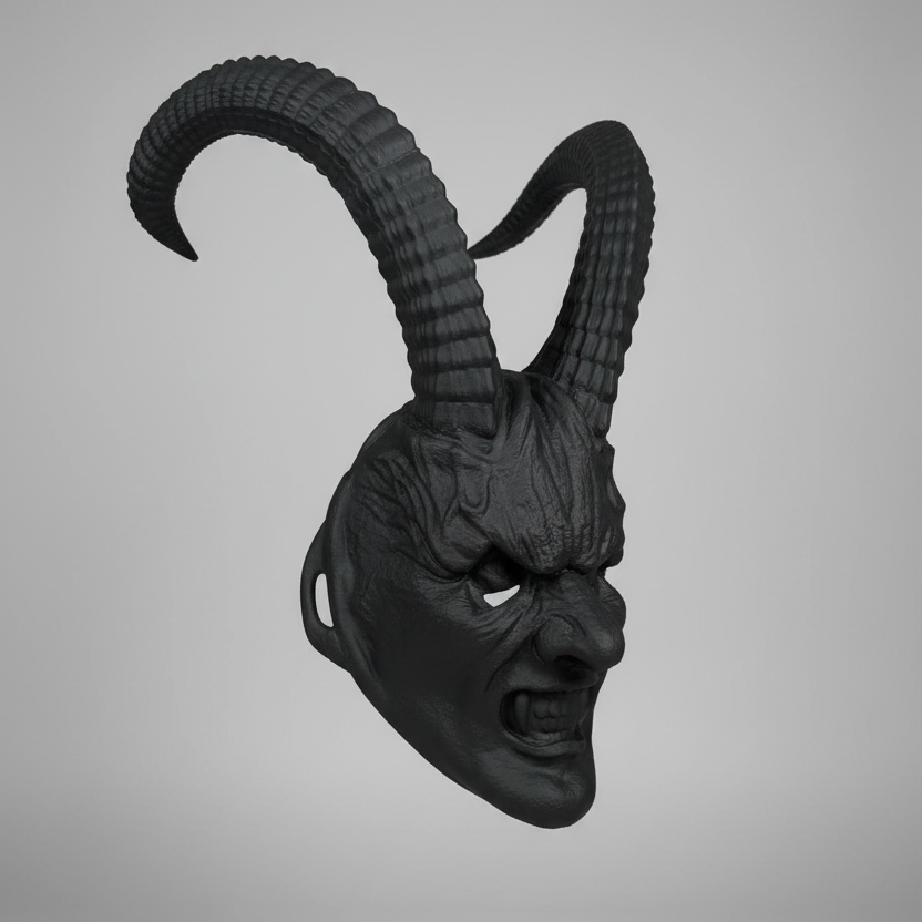 Black PLA large horned Krampus mask with fixed jaw, long curved horns, and eye slits for wearing