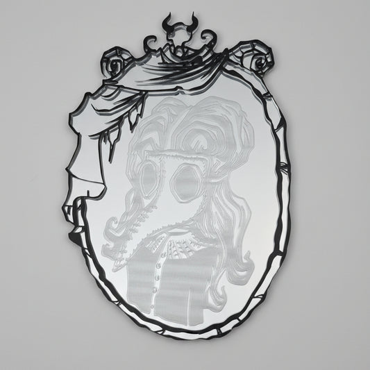 Gothic plague doctor girl acrylic wall mirror engraved on silver mirror acrylic with ornate black gothic frame