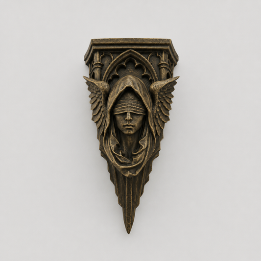 Hand painted bronze gothic corbel shelf featuring a blindfolded maiden framed by wings and cathedral architecture.