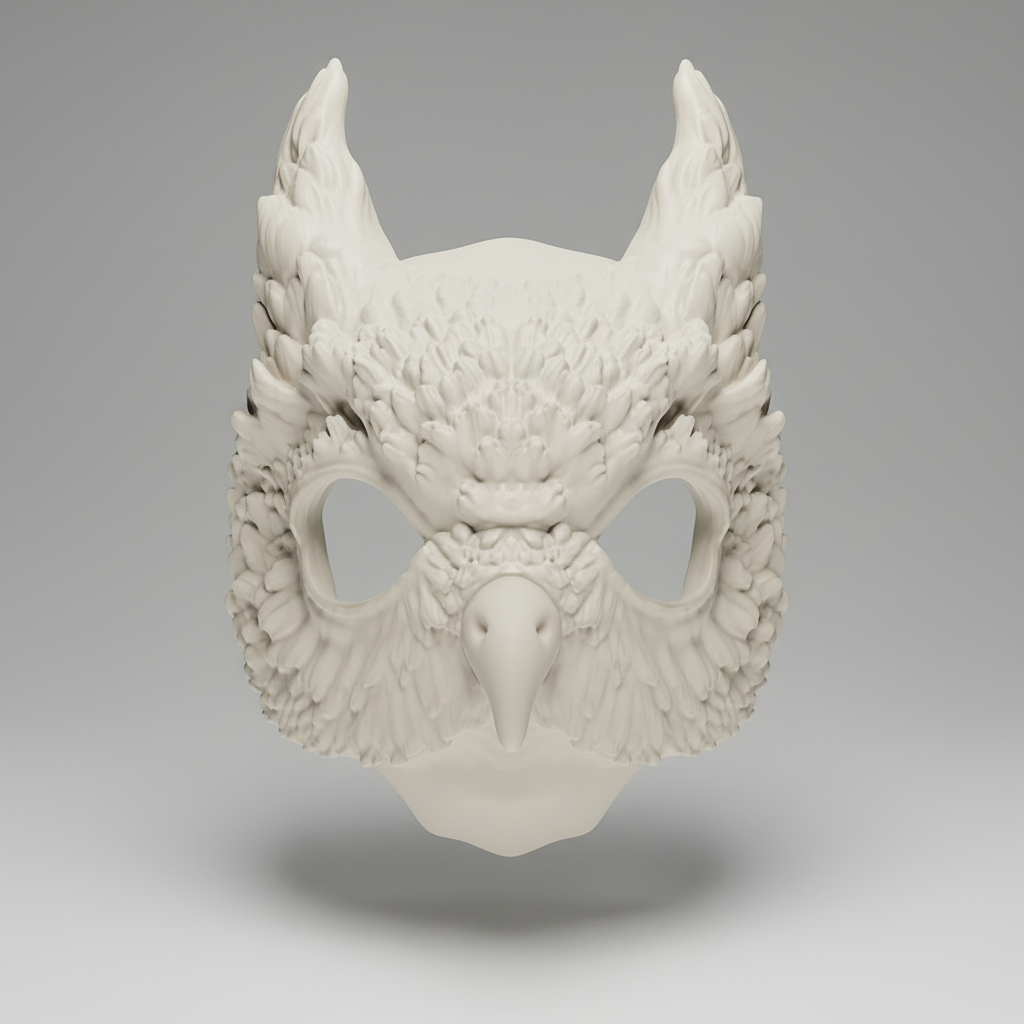 Front view of bone white wearable owl mask with detailed feather texture and gothic fantasy styling