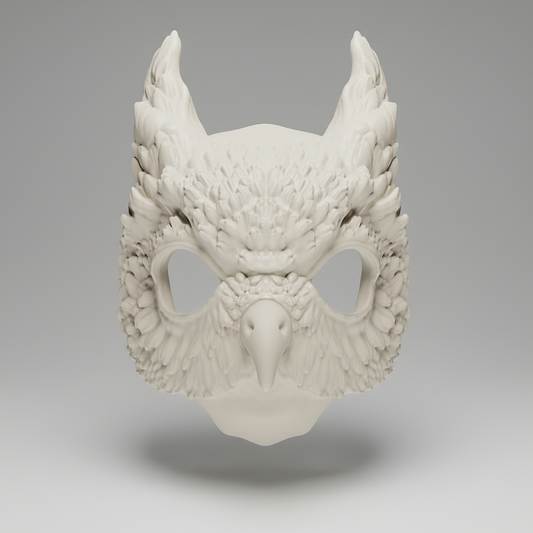 Front view of bone white wearable owl mask with detailed feather texture and gothic fantasy styling