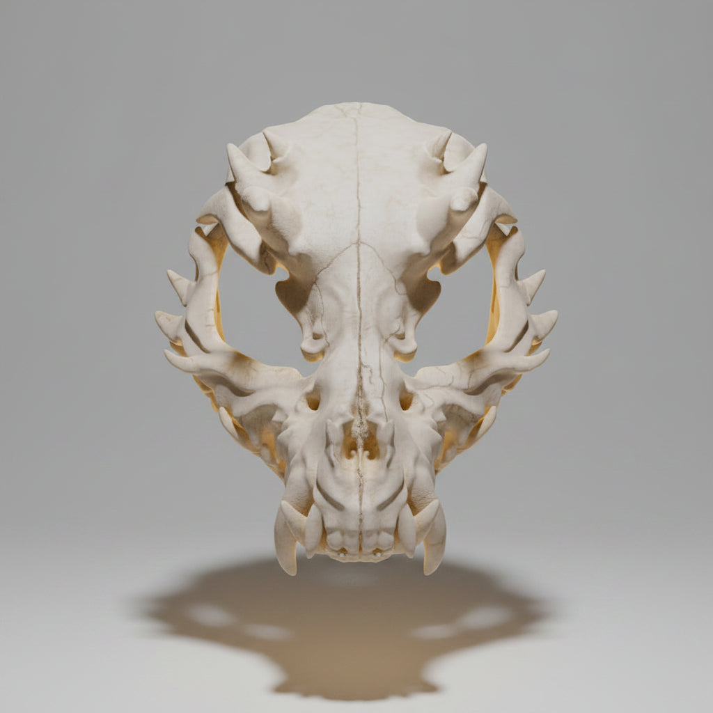 Front angled view of bone white spiky demon wearable mask with articulated jaw and skeletal creature detailing