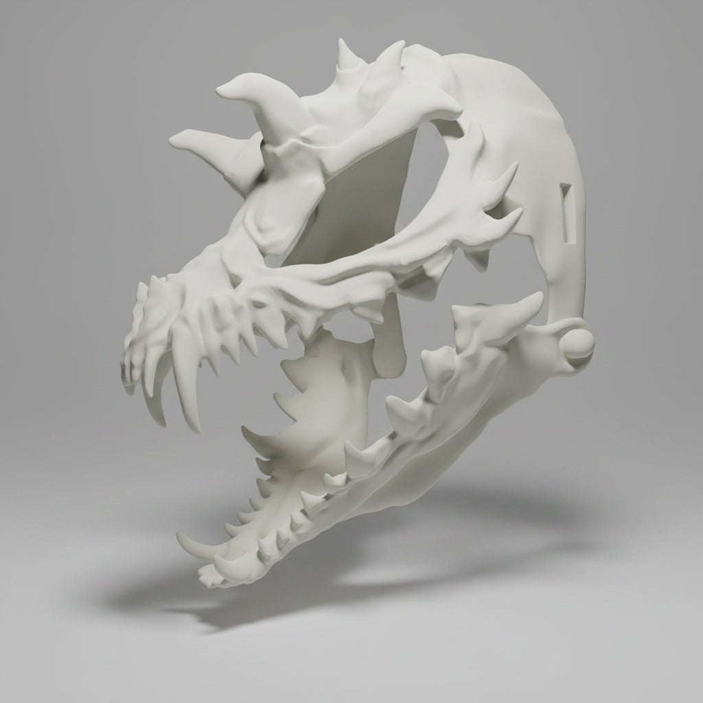 Side angle of bone white articulated jaw demon mask with jagged spikes, sharp teeth, and gothic horror styling