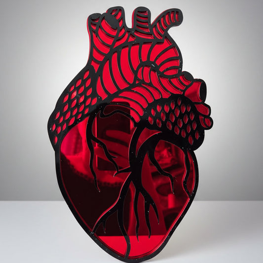 Laser cut red acrylic mirror anatomical heart by Darkmoon Designs